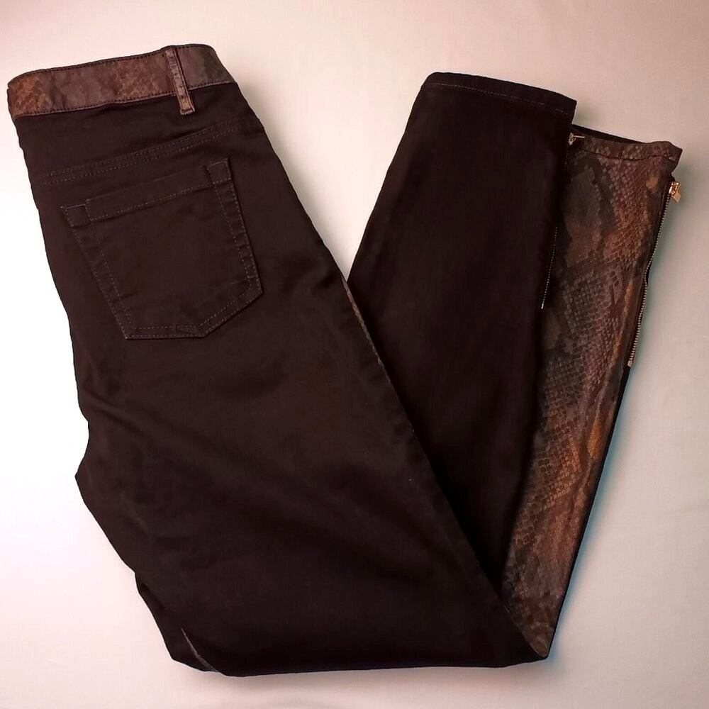 Etcetera Womens Snakeskin Print Ankle Zip Skinny Jeans Size 4 Brown Black Edgy